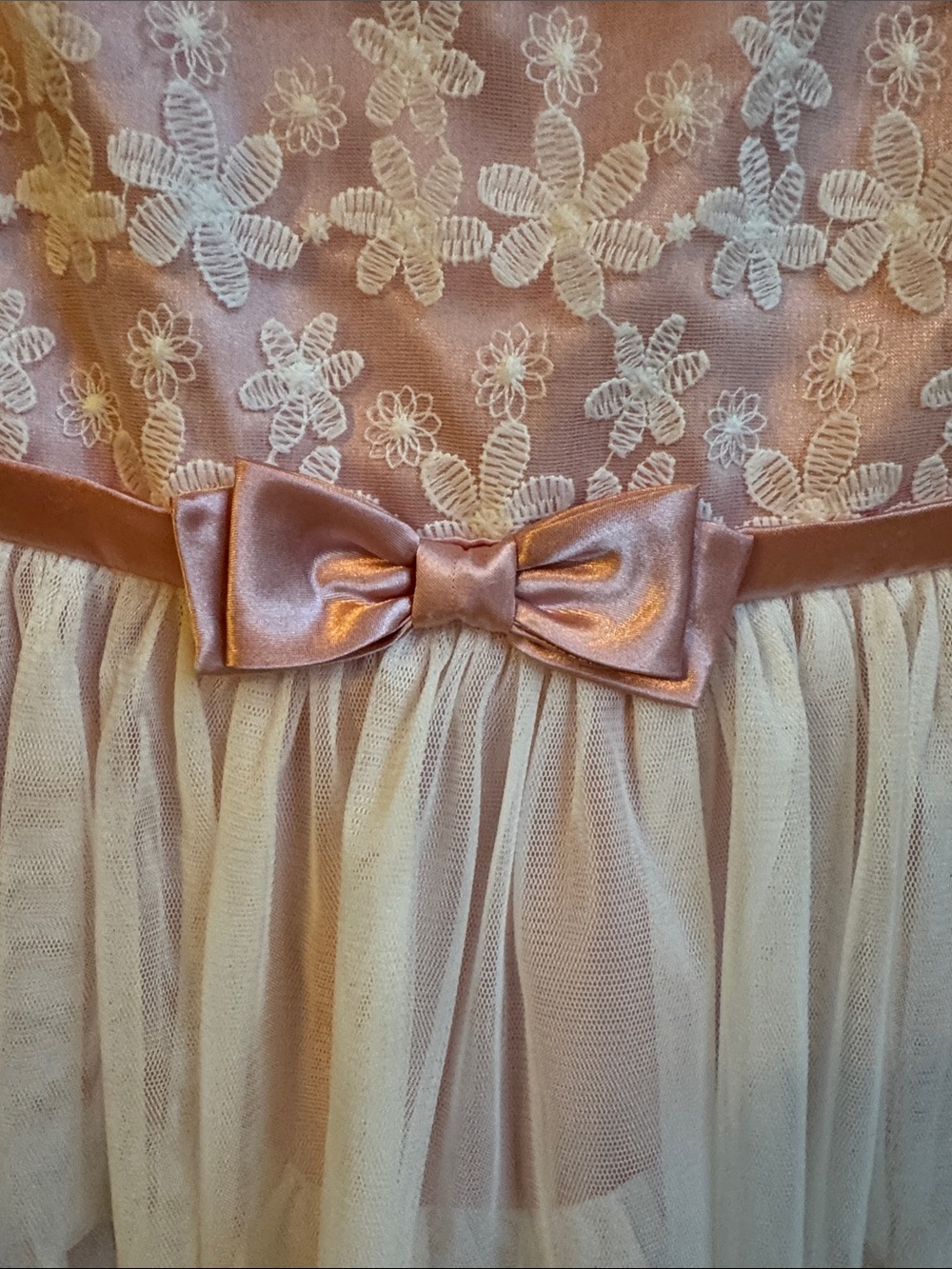 Bonnie Jean Pink and Cream Floral Lace Bow Tulle Dress
